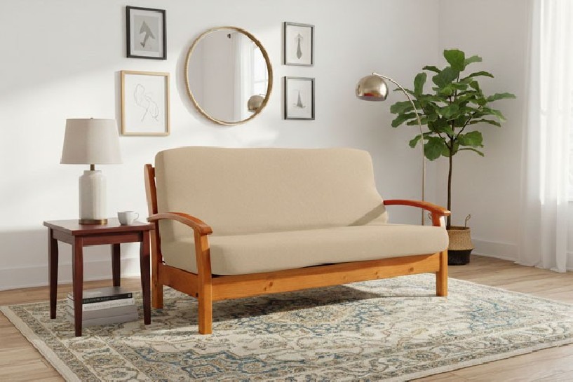 Funda bielástica para sofá cama nido con brazos de madera – Modelo Cora