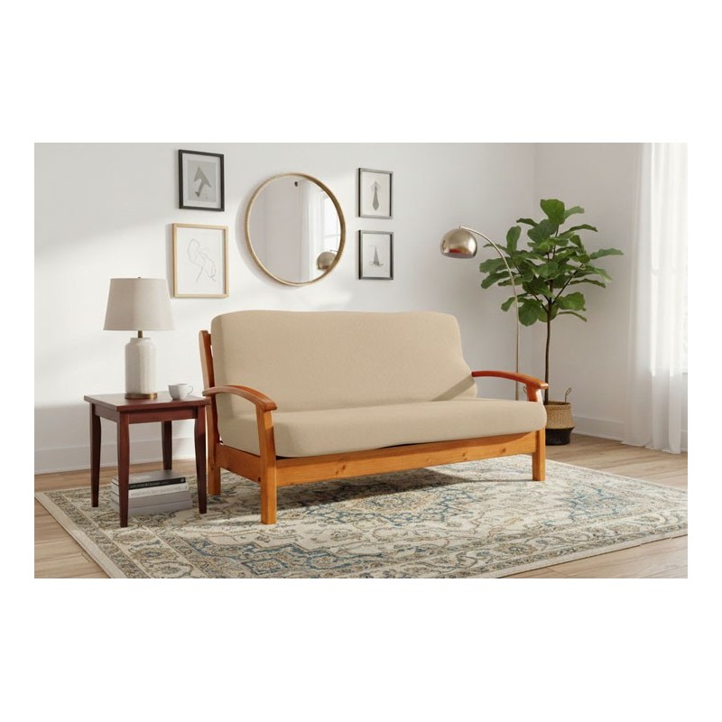 Funda bielástica para sofá cama nido con brazos de madera – Modelo Cora Funda bielástica para sofá cama nido con brazos de madera – Modelo Cora