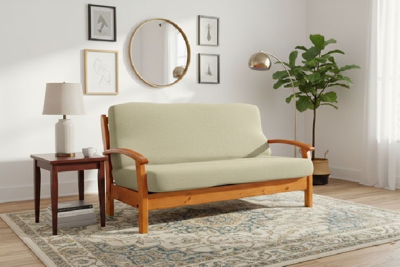 Capa bielástica para Sofá Cama com braços de madeira – Modelo Cora