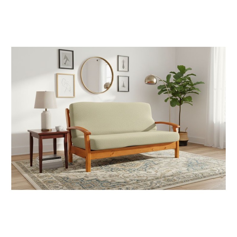Funda bielástica para sofá cama nido con brazos de madera – Modelo Cora Funda bielástica para sofá cama nido con brazos de madera – Modelo Cora