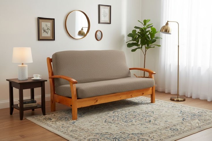 Capa bielástica para Sofá Cama com braços de madeira – Modelo Cora